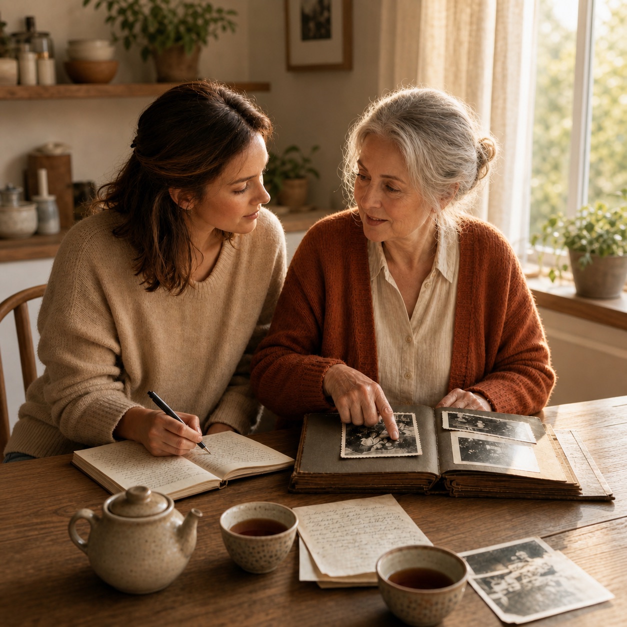 A young woman and her grandmother seated at a wooden table, in front of a family photo album and an open notebook, in the warm light of a late afternoon.