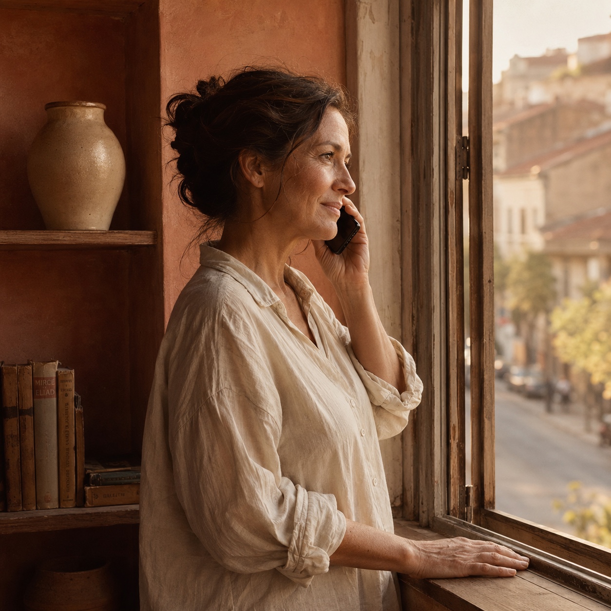 In the golden light of late afternoon, a woman in her mid-forties stands by the open window of a city apartment, her profile drawn against the backlight, a phone held to her ear and her other hand resting on the windowsill; below, a quiet tree-lined street.