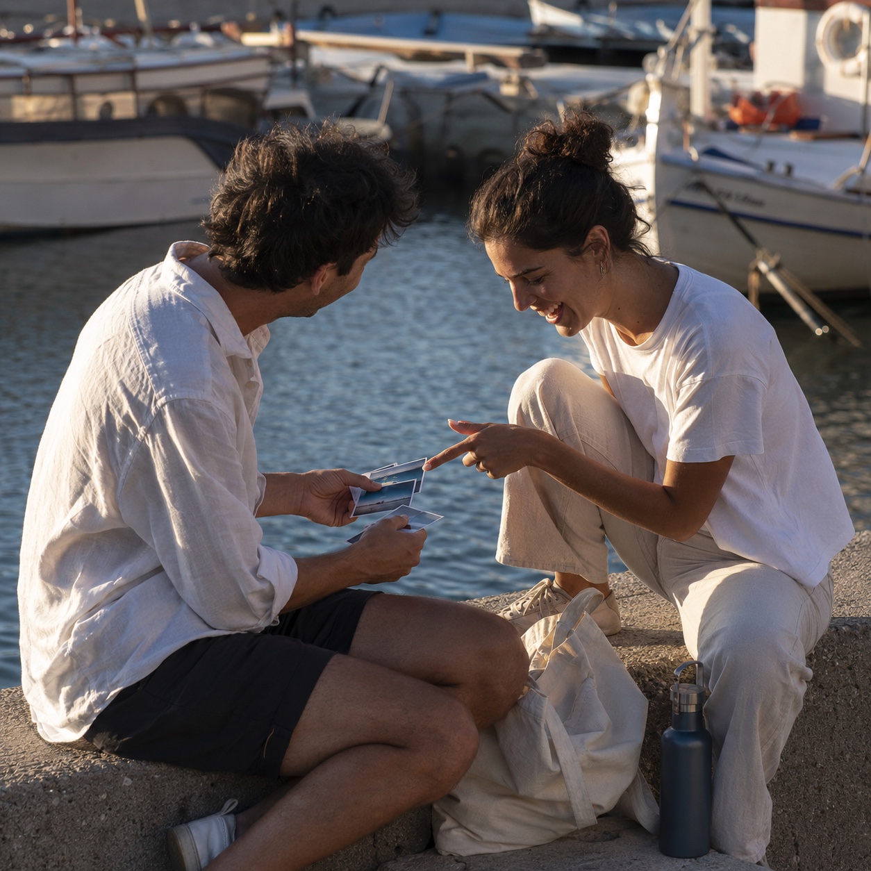 At the end of a summer day, two friends sitting on a harbour wall pass a few printed photos between them, one leaning toward the other, boats out of focus behind.