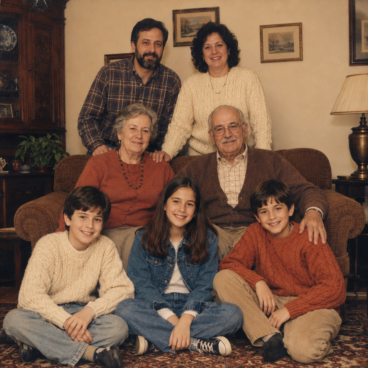 Portrait de famille des années 1990 dans un salon chaleureux : les grands-parents assis sur un canapé brun, leurs deux enfants adultes debout derrière eux, et trois petits-enfants assis en tailleur sur un tapis au premier plan. Sept personnes au total, sourires posés et complices.