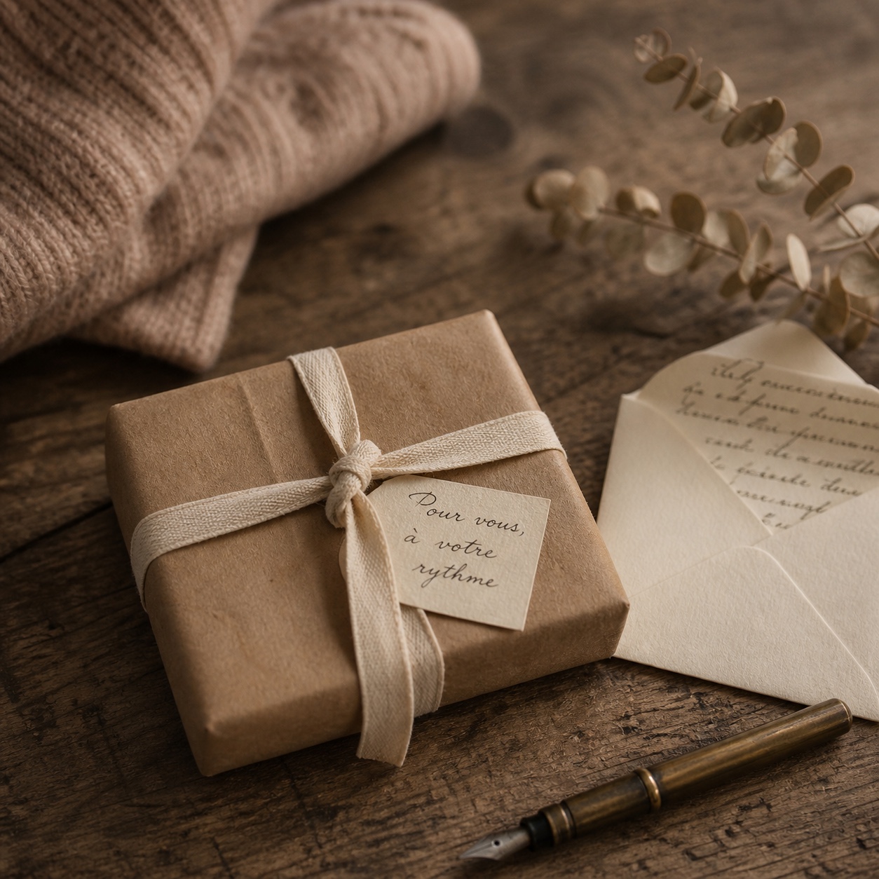 On a wooden table, a parcel wrapped in kraft paper tied with a raw linen ribbon, beside an unsealed cream envelope and a fountain pen.