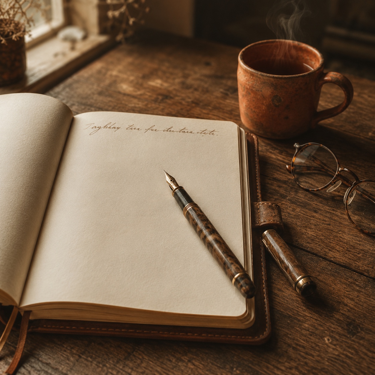 Sur une table en bois, un carnet ouvert presque vierge avec une seule ligne manuscrite à l'encre brune, un stylo plume posé à côté, la lumière de fin d'après-midi qui éclaire la page.