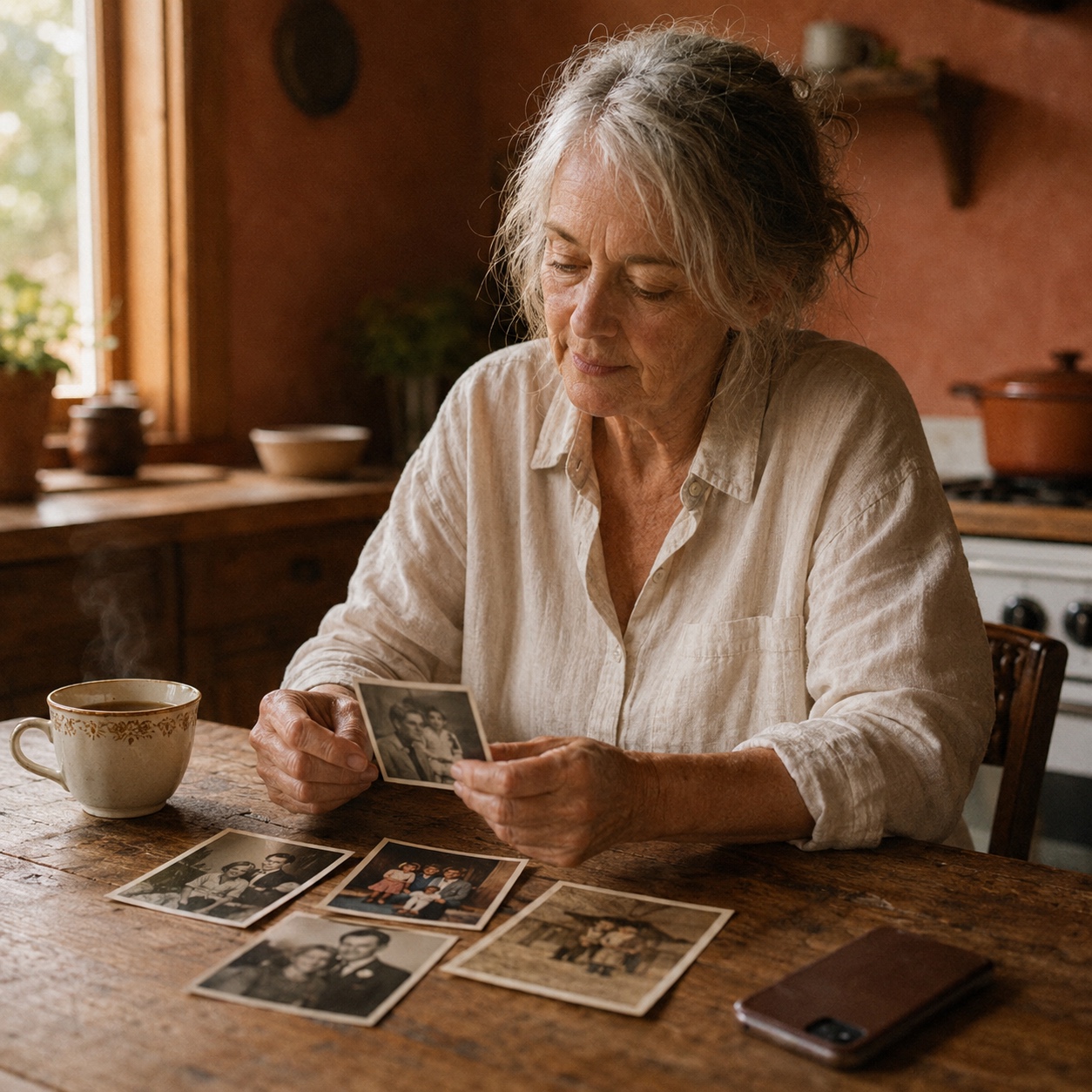 In the warm light of late afternoon, a woman in her early sixties sits at a wooden kitchen table, calmly looking at five printed family photographs spread before her, a porcelain cup of tea beside them, a smartphone resting face-down on the table.