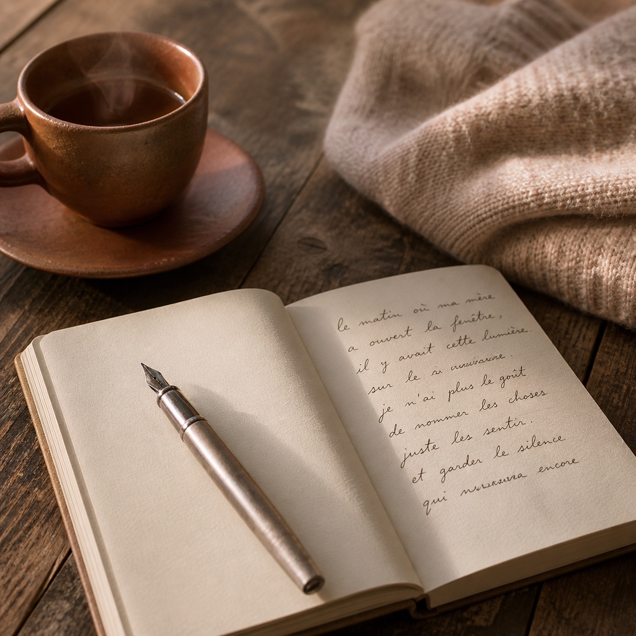 On a wooden table, an open notebook with a few handwritten lines in brown ink, a fountain pen resting across, near a steaming cup of tea.