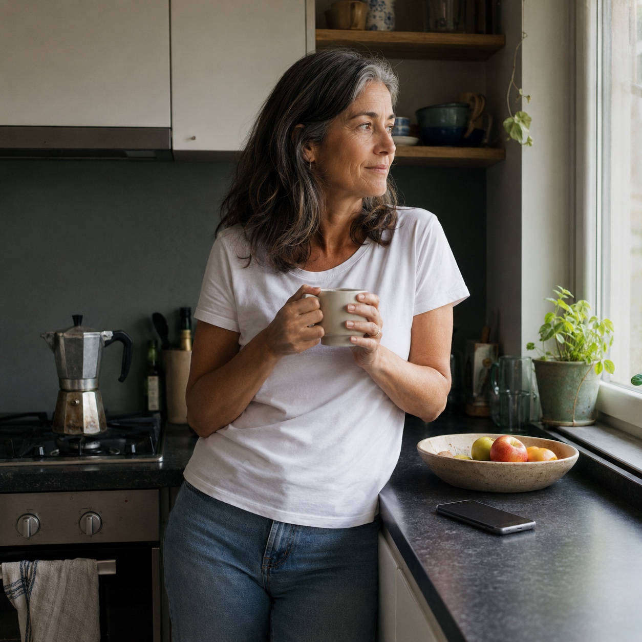 Dans la lumière naturelle d'un matin de semaine, une femme d'une cinquantaine d'années, en t-shirt et jean, appuyée au plan de travail de sa cuisine, mug à la main, le regard tourné vers la fenêtre.