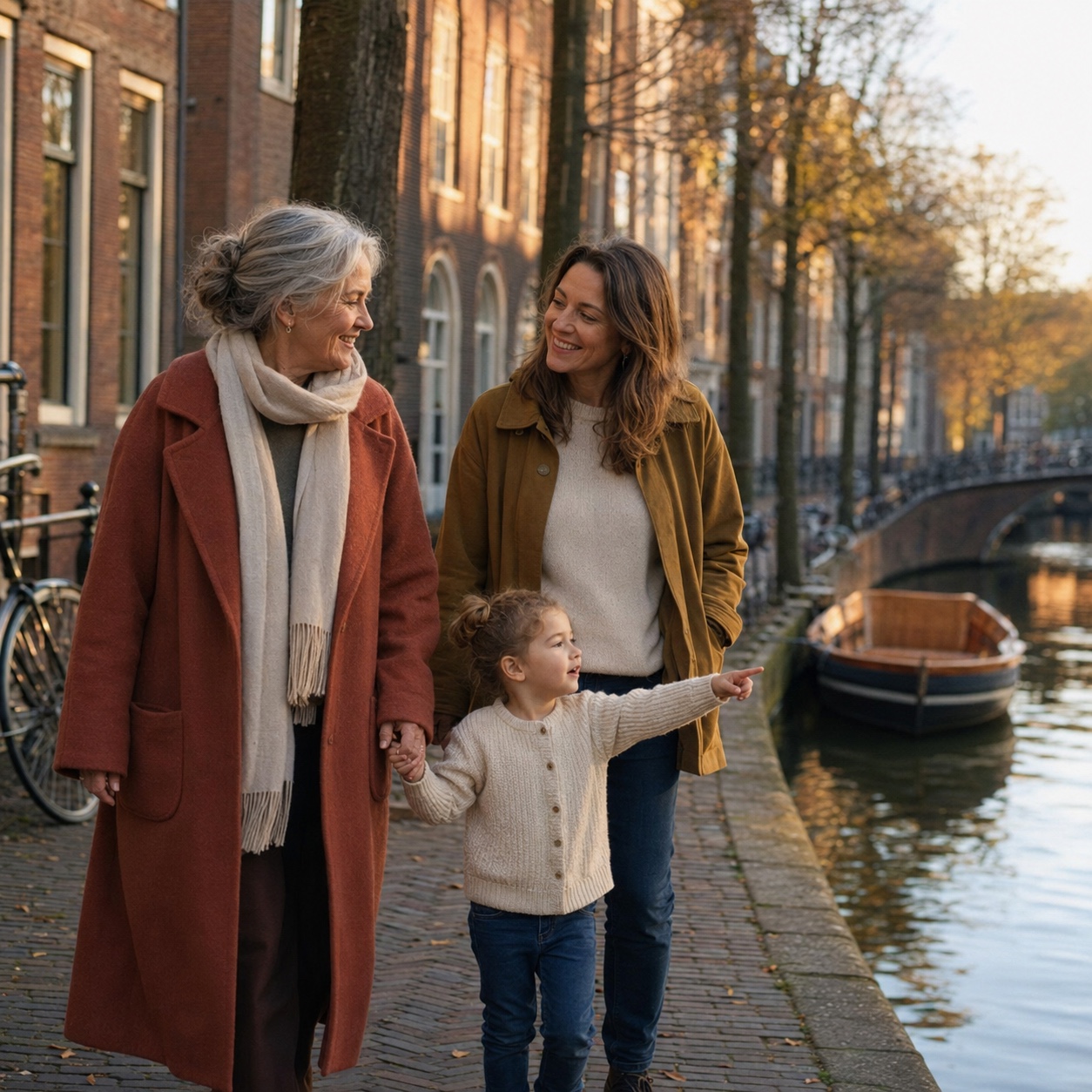 Au bord d'un canal d'Amsterdam dans la lumière dorée d'automne, une grand-mère en manteau de laine terracotta et longue écharpe crème tient la main de son petit-enfant en gilet de laine clair qui pointe vers une barque en bois ; sa fille adulte, en veste ocre, marche à leurs côtés en souriant.