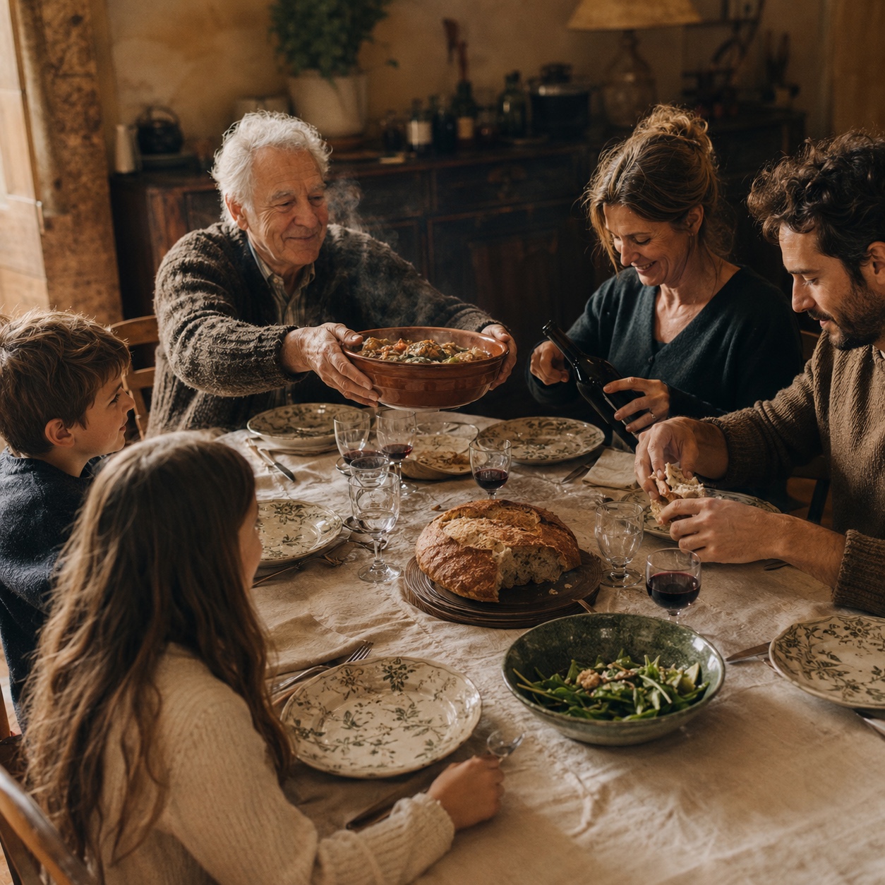 Un grande tavolo di famiglia apparecchiato per un pranzo della domenica, tovaglia di lino écru, pane spezzato, diverse mani che si tendono i piatti, nella luce dorata della fine del pomeriggio.