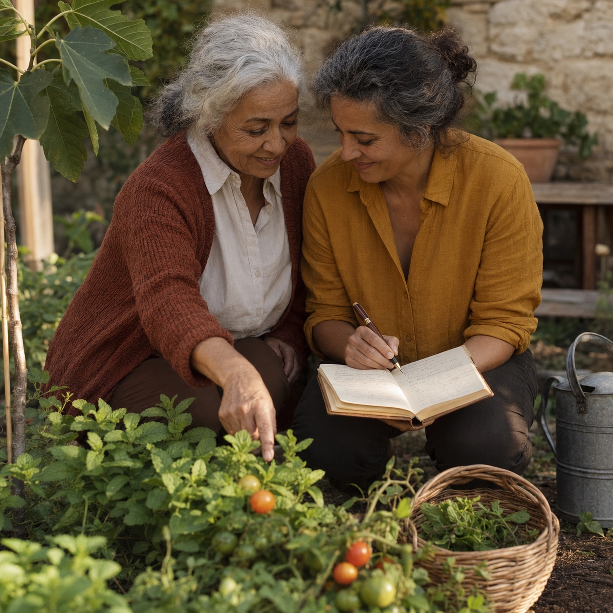Una nonna di circa settant'anni dai capelli argentati ondulati e sua figlia adulta dai capelli castani striati di grigio, accovacciate fianco a fianco in un giardino di fine pomeriggio, vicino a un'aiuola di pomodori e menta con un giovane fico sulla sinistra, la madre indica con il dito un pomodorino ciliegia che matura, la figlia in camicetta senape tiene un quaderno aperto sulle ginocchia e vi scrive qualche riga con la stilografica, cesto di vimini con erbe e annaffiatoio zincato posati accanto, luce dorata che attraversa il fogliame, muro di pietra calda sullo sfondo.