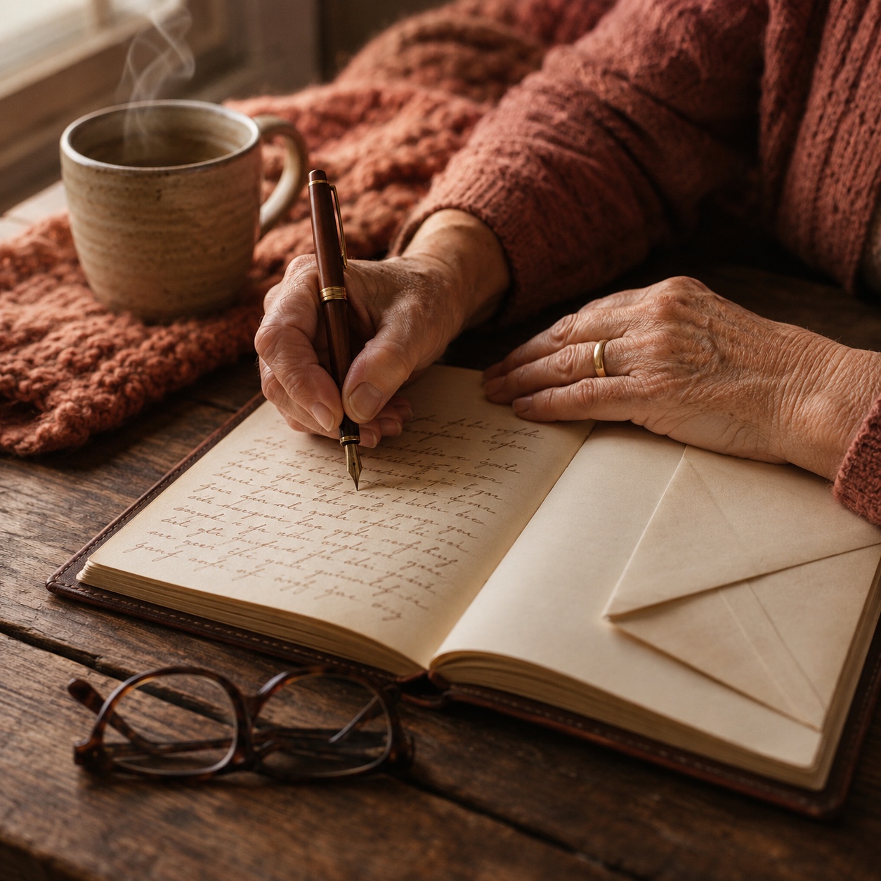 Sur une table en bois, deux mains âgées écrivent à l'encre brune dans un carnet relié, une enveloppe crème pliée près de la reliure, une tasse de céramique qui fume à l'arrière-plan.