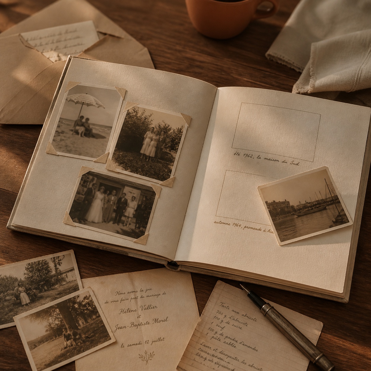 On a wooden table, a large cream-cloth bound album lies open, vintage photographs spread around, handwritten captions being added.