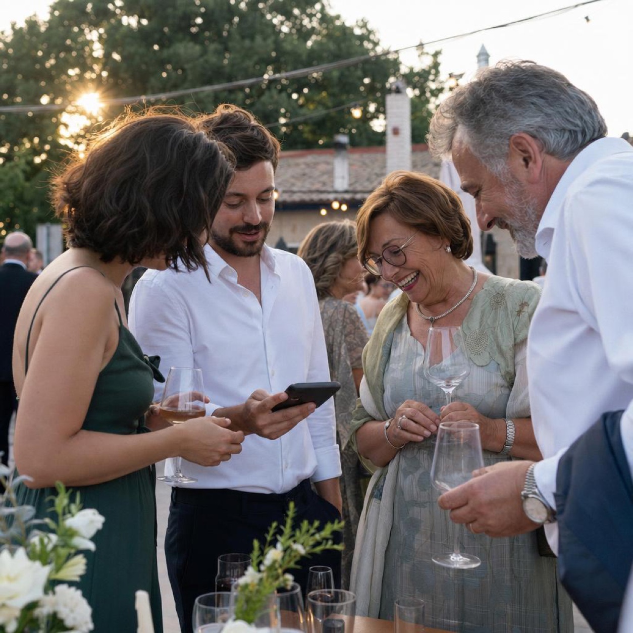 Wedding guests outdoors at the end of a summer day, one showing a phone to two others who are laughing, in real evening light.