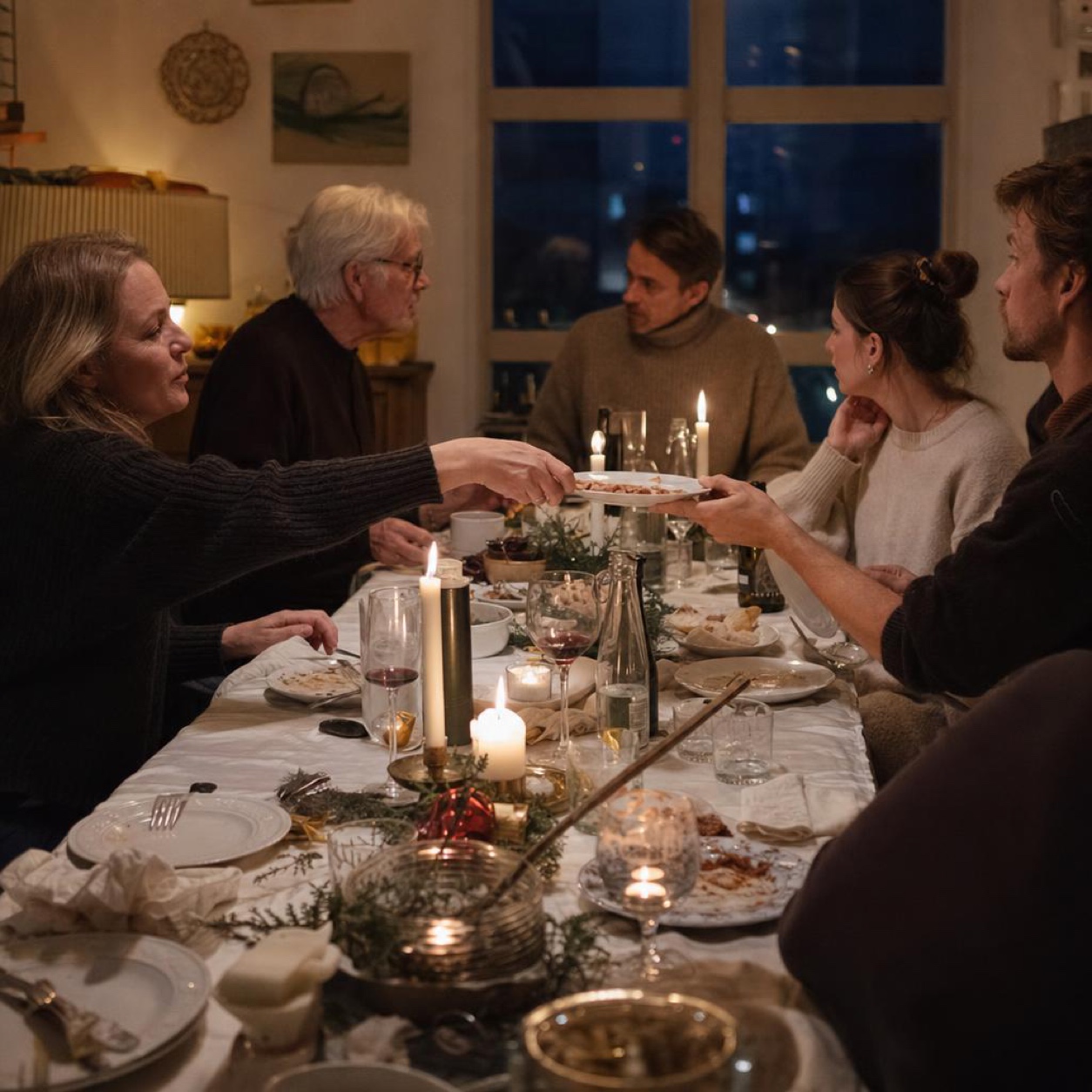 A long festive table at the end of a winter meal, lit candles, several generations still in conversation, glasses and dessert plates in warm light.