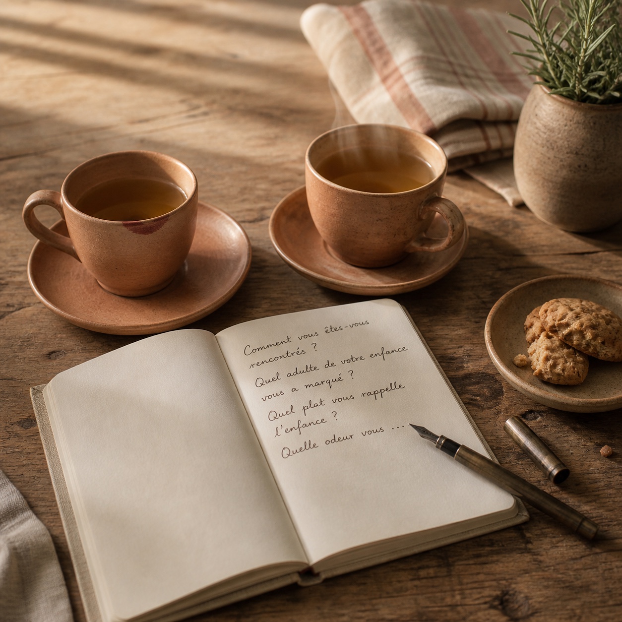 On a wooden kitchen table, two half-drunk cups of tea, an open notebook with a few handwritten questions, conversation suspended in the warm light of late afternoon.