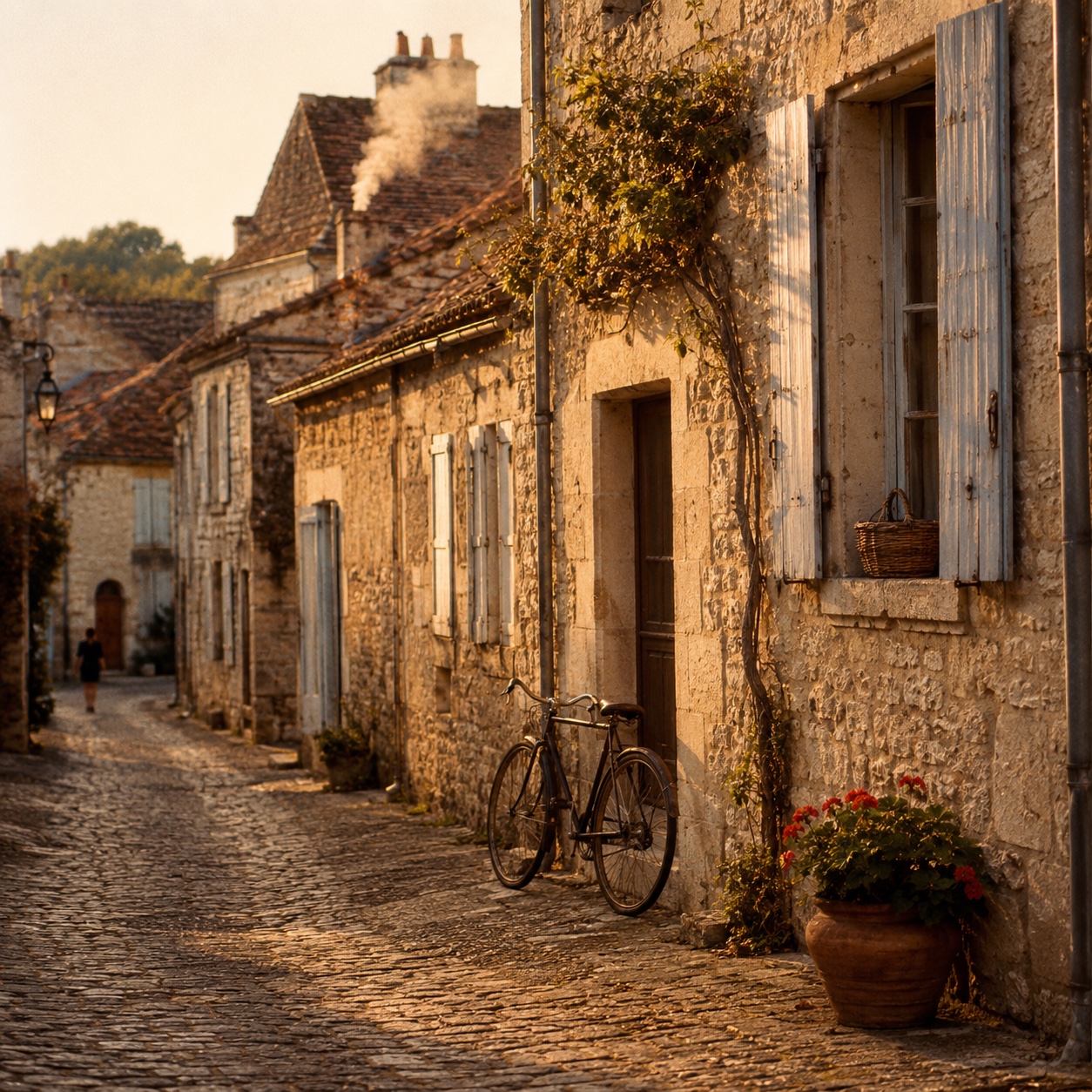 Une ruelle pavée d'un petit village français en fin d'après-midi, lumière dorée rasante, maisons en pierre aux volets bleu passé et toits de tuiles terracotta, un vélo ancien appuyé contre un mur, un panier en osier sur le rebord d'une fenêtre, un pot de géraniums rouges près d'une porte, une mince fumée s'élève d'une cheminée, une silhouette s'éloigne au loin.