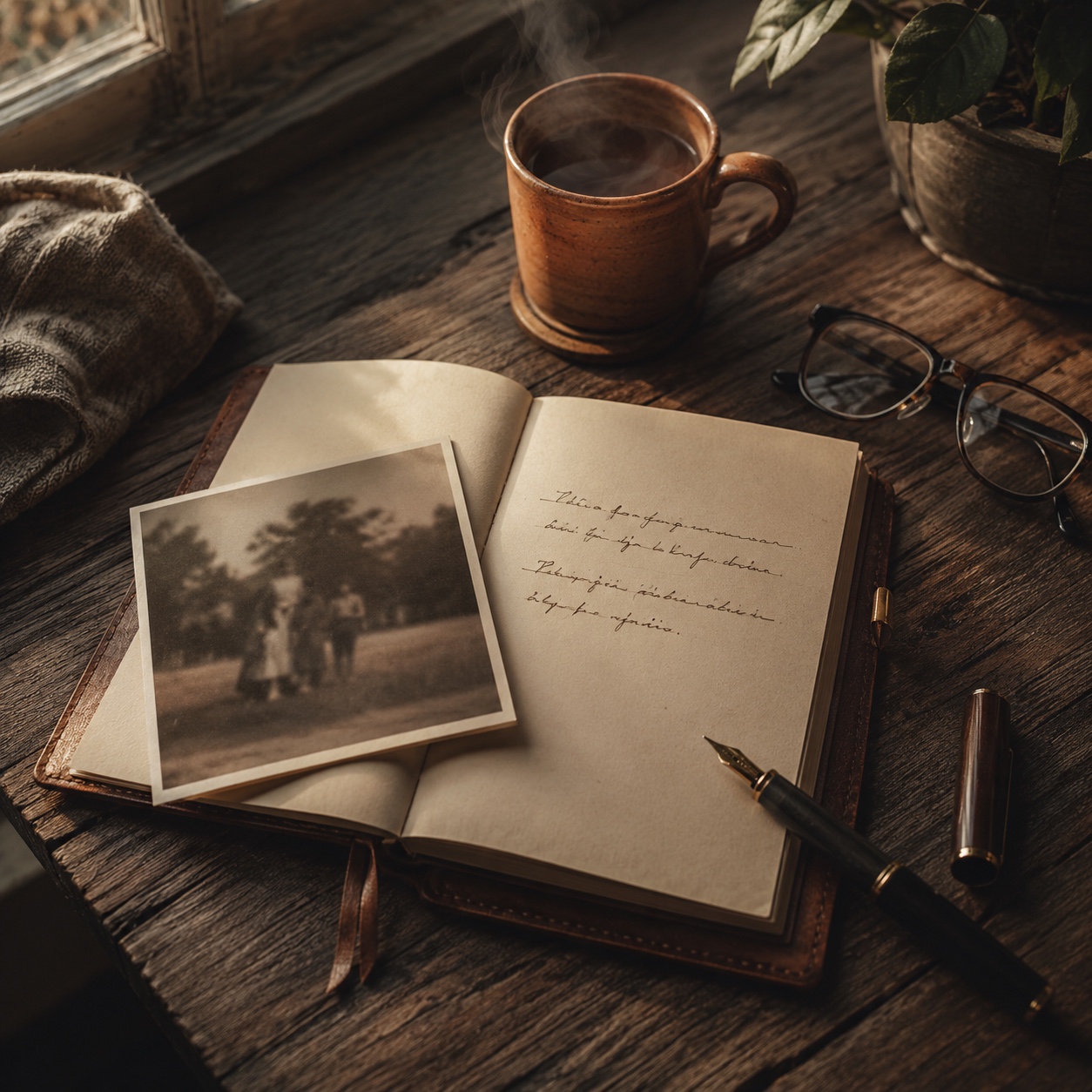 Sur une table en bois patiné, une photo carrée légèrement défraîchie posée à côté d'un carnet ouvert dont la page de droite porte trois lignes manuscrites à l'encre brune ; un stylo plume, des lunettes et une tasse de céramique terracotta complètent la scène, lumière chaude de fin d'après-midi.