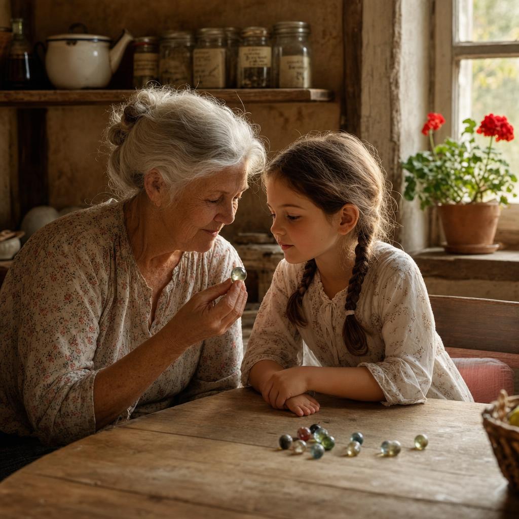 Dans une cuisine de campagne française en fin d'après-midi, une grand-mère âgée aux cheveux blancs ramassés en chignon, en blouse de coton beige, tend une vieille bille en verre à sa petite-fille de sept ans assise à côté d'elle à une table en bois. Lumière dorée rasante par une fenêtre à petits carreaux, pots de confiture sur une étagère, géraniums rouges à la fenêtre.