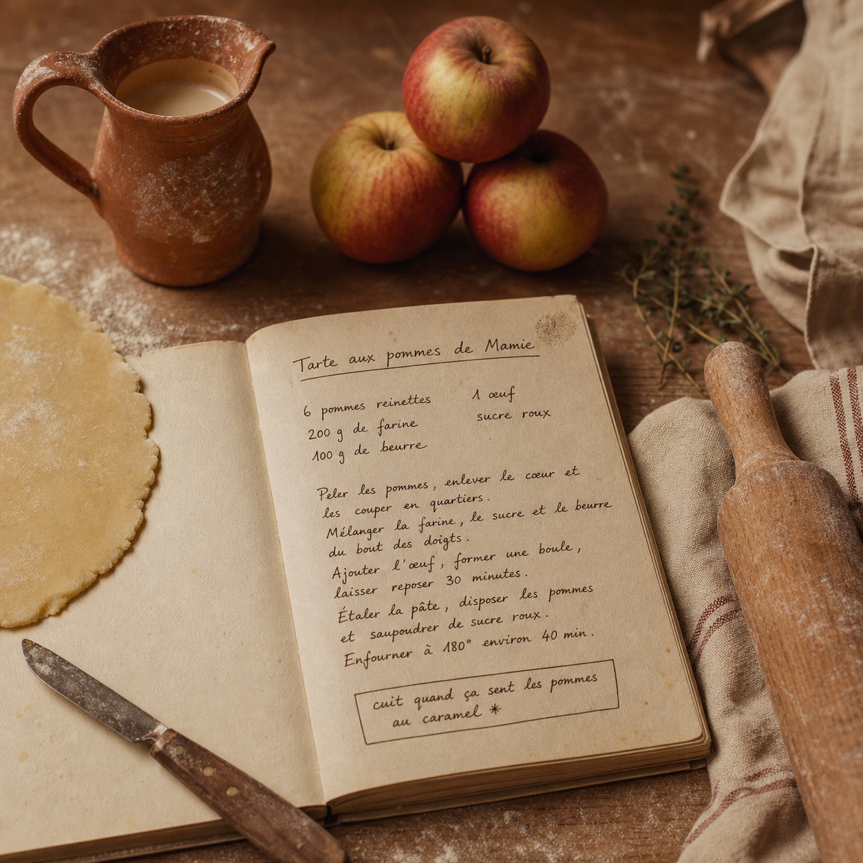 On a floured wooden worktop, an open cookbook with a handwritten recipe, beside a rolling pin, rolled-out dough and a ceramic pitcher.