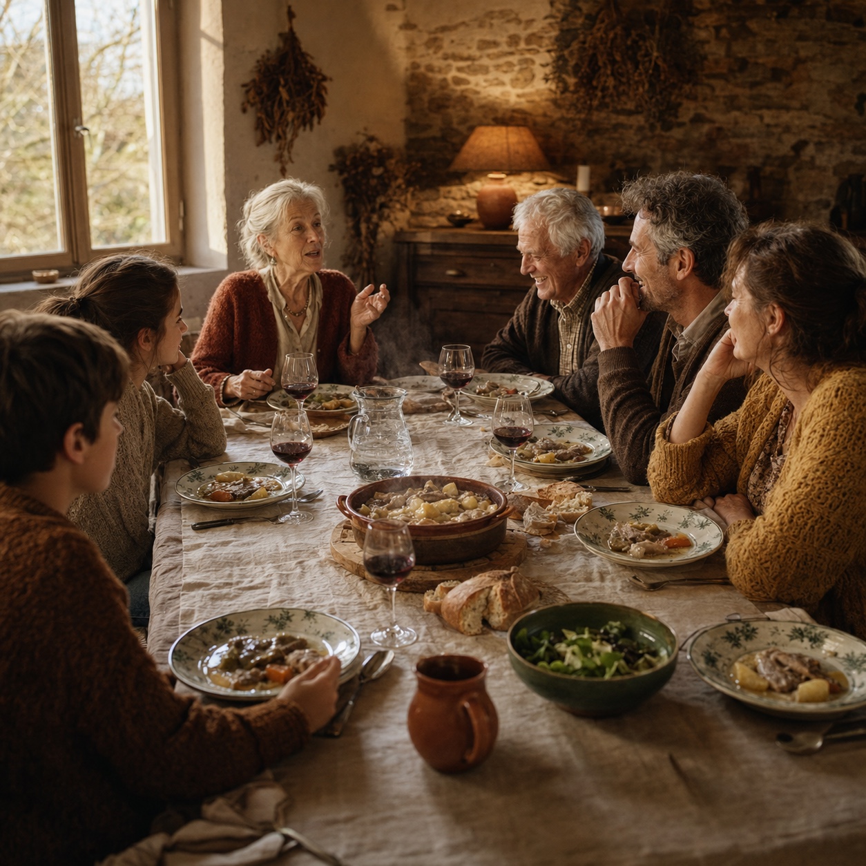 Sette persone di tre generazioni sedute attorno a un grande pranzo della domenica in una casa di campagna dai muri di pietra, un piatto fumante al centro, pane spezzato, bicchieri di vino mezzi pieni, la nonna racconta una storia mentre gli altri ascoltano, luce dorata di fine pomeriggio che entra dalla finestra.