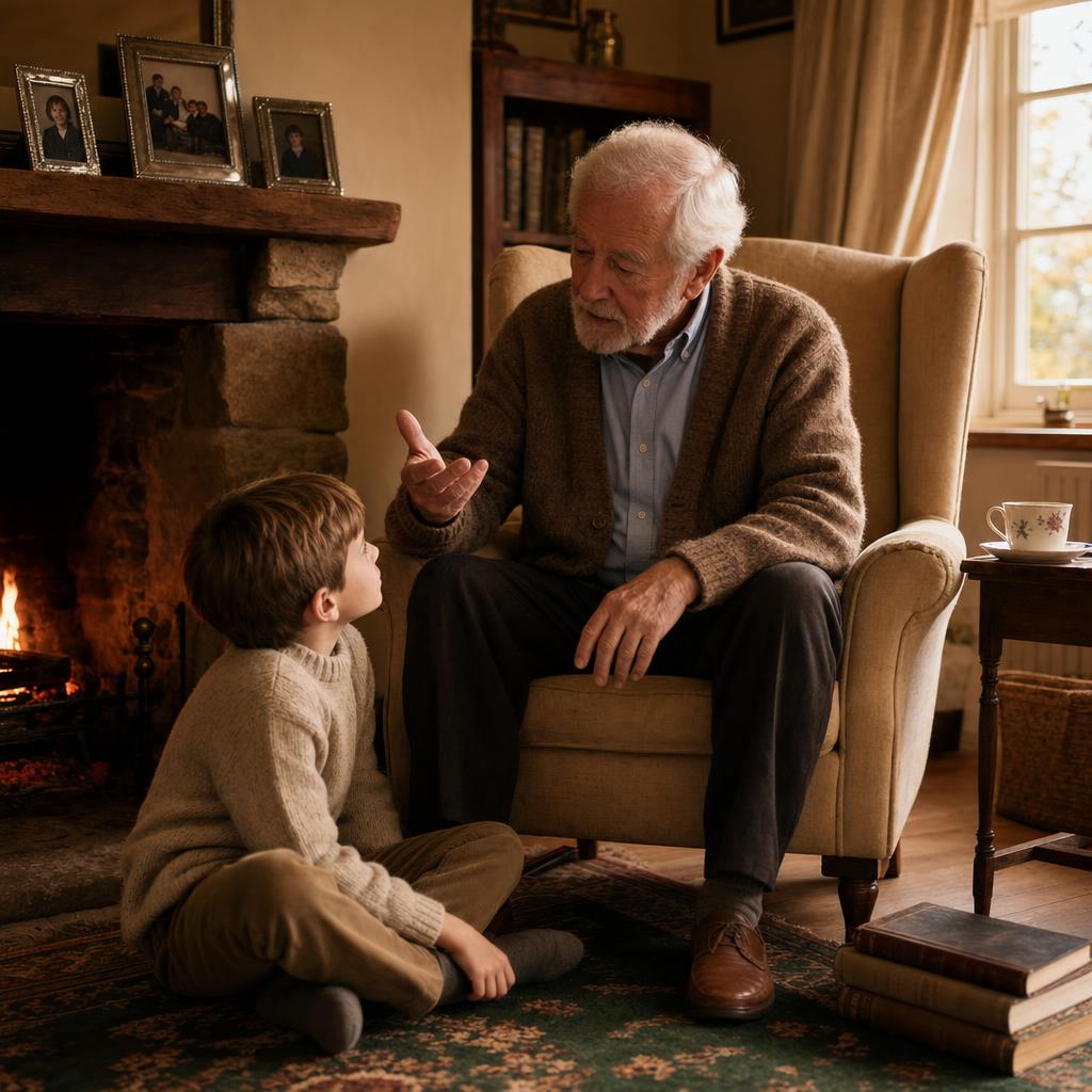 In a quiet living room in late afternoon, a grandfather in his late seventies, neatly trimmed white hair, oxford shirt and brown cardigan, sits in a high-backed cream armchair. A grandson of about eight, in a wool jumper, sits cross-legged on a patterned rug at his feet, looking up while the grandfather speaks. Framed family photographs in tarnished silver on a wooden mantel, a porcelain teacup nearby, low golden side light through sheer curtains.
