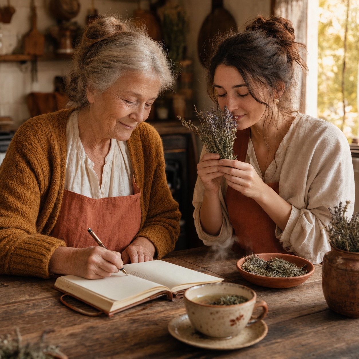 Dans une cuisine rustique baignée de lumière chaude, une grand-mère en gilet moutarde et tablier terracotta écrit au stylo plume dans un carnet ouvert pendant que sa petite-fille adulte porte à son nez un bouquet de lavande et de thym séchés, yeux mi-clos ; tasse de tisane fumante et coupelle terracotta d'herbes posées à proximité.