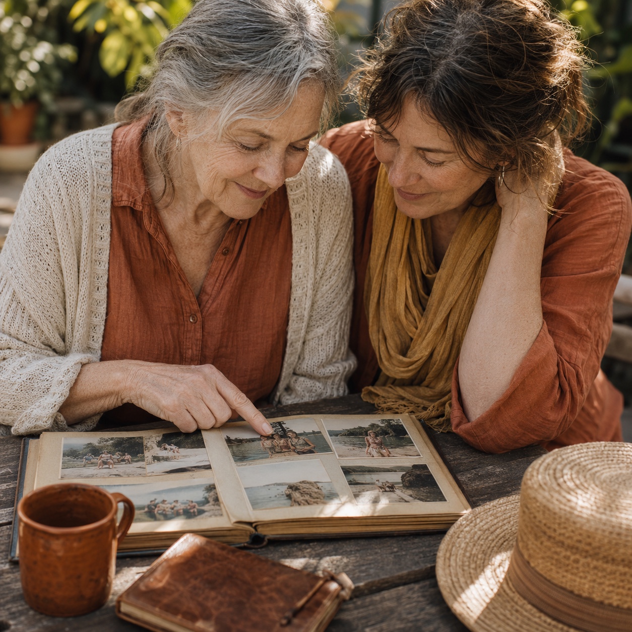 Une mère âgée et sa fille adulte assises côte à côte à une table de jardin en bois, penchées sur un album de photos d'été ouvert entre elles, la mère pointe du doigt une photo de plage, regards attentifs, lumière chaude de fin d'après-midi, chapeau de paille et tasse en céramique terracotta posés près du carnet relié.