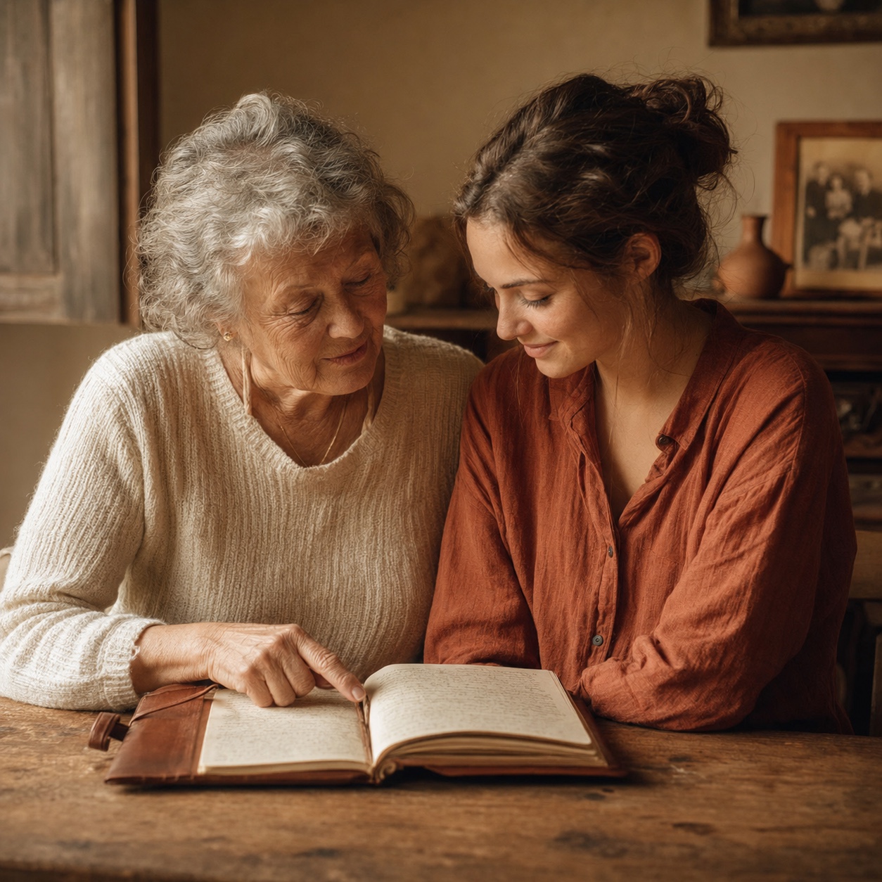 Sur une table en bois, une grand-mère en pull crème et sa petite-fille adulte en chemise terracotta sont penchées ensemble sur un carnet ouvert, dans la lumière chaude d'une fin d'après-midi.