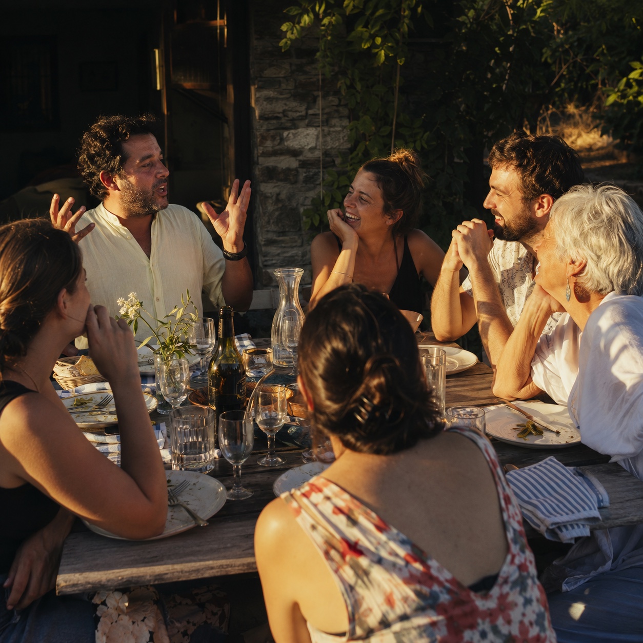 On a summer evening around an outdoor table, a man tells a story with his hands in the air while the others laugh, lit by the real setting sun.