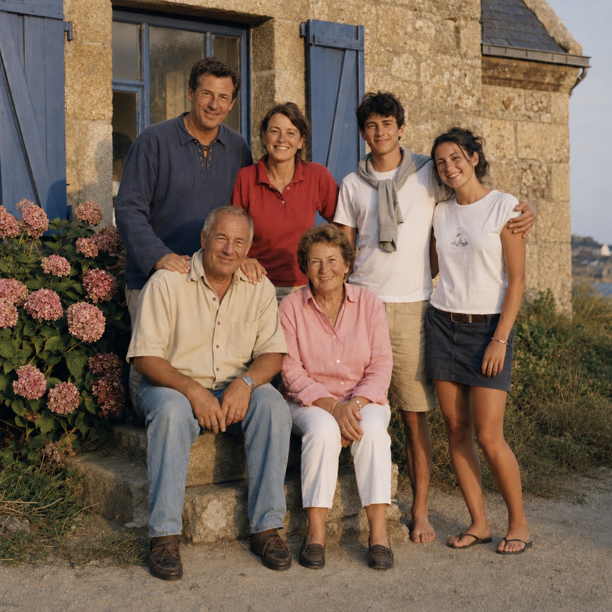 Ritratto di famiglia su tre generazioni davanti a una casa al mare in pietra di granito dalle imposte azzurre, inizio degli anni 2000. In primo piano, il nonno in camicia beige a maniche corte e jeans e la nonna in camicetta rosa e pantaloni bianchi seduti sui gradini di pietra. Dietro di loro in piedi, il loro figlio in camicia di lino blu marine con stringhe e la loro figlia in polo rossa. Sulla destra, due giovani adulti in t-shirt bianche, uno con un maglione grigio annodato sulle spalle e uno short kaki, l'altro in gonna di jeans. Ortensie rosa sbiadito sulla sinistra, luce dorata di fine pomeriggio d'estate.