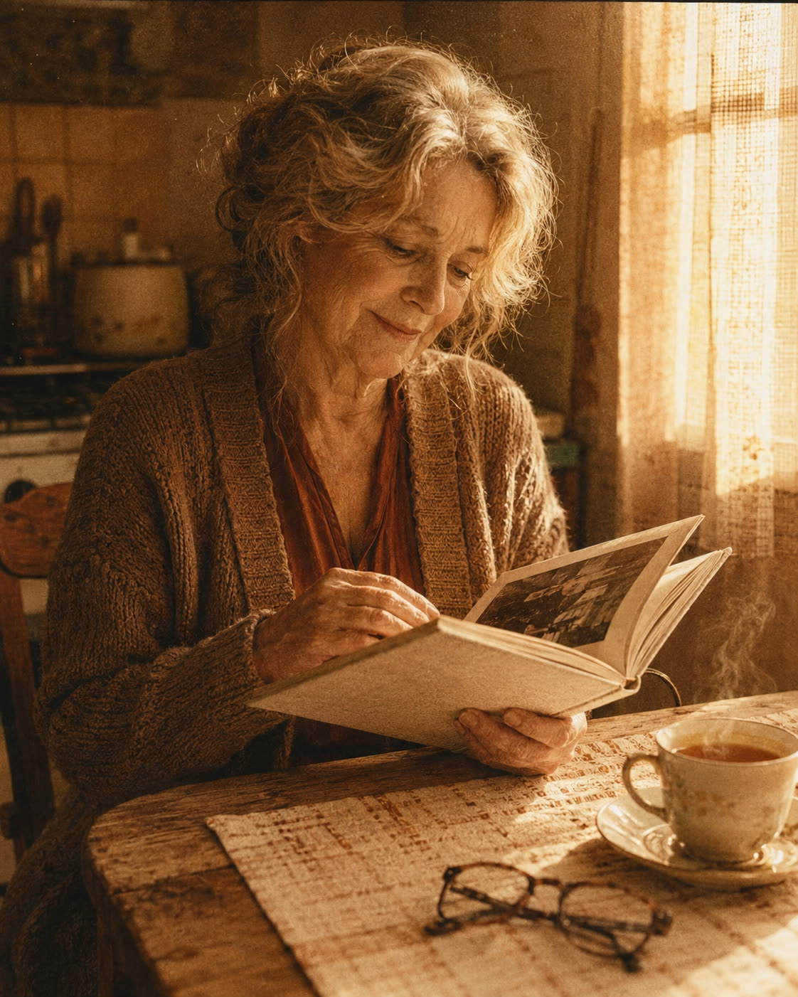 Une femme de soixante-cinq ans, gilet en laine couleur terre, feuillette un livre photo ouvert sur une table en bois ancienne, dans la lumière chaude d'une fin d'après-midi.