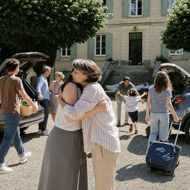 Les familles s’embrassent dans la cour de la maison à l’arrivée, coffres ouverts