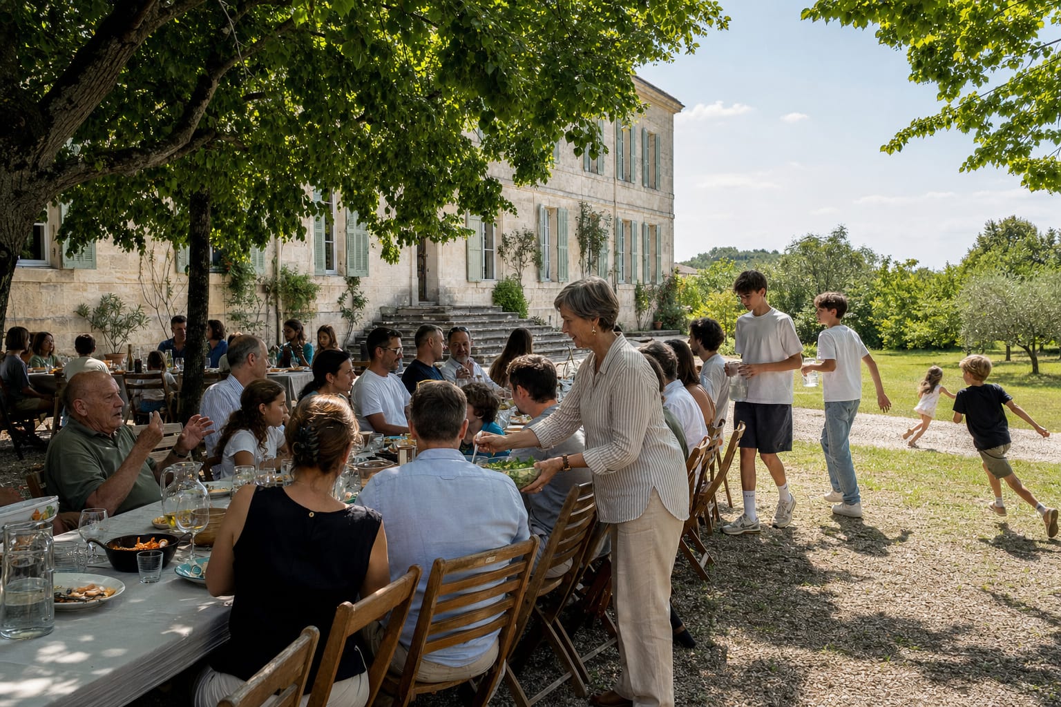 Une longue tablée de famille dans le jardin d’une maison de campagne, au début de l’été