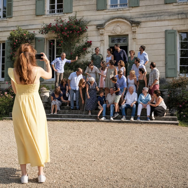 Toute la famille se rassemble sur les marches du perron pour la photo
