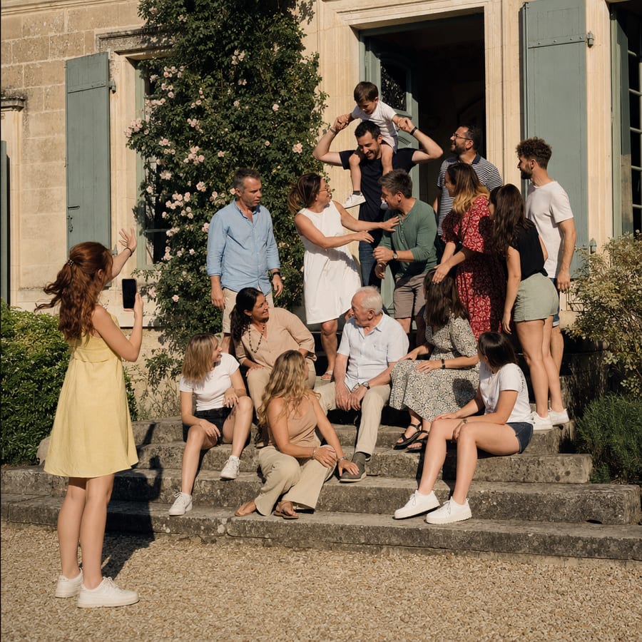 La famille s’installe sur les marches, on rit pendant qu’on se place
