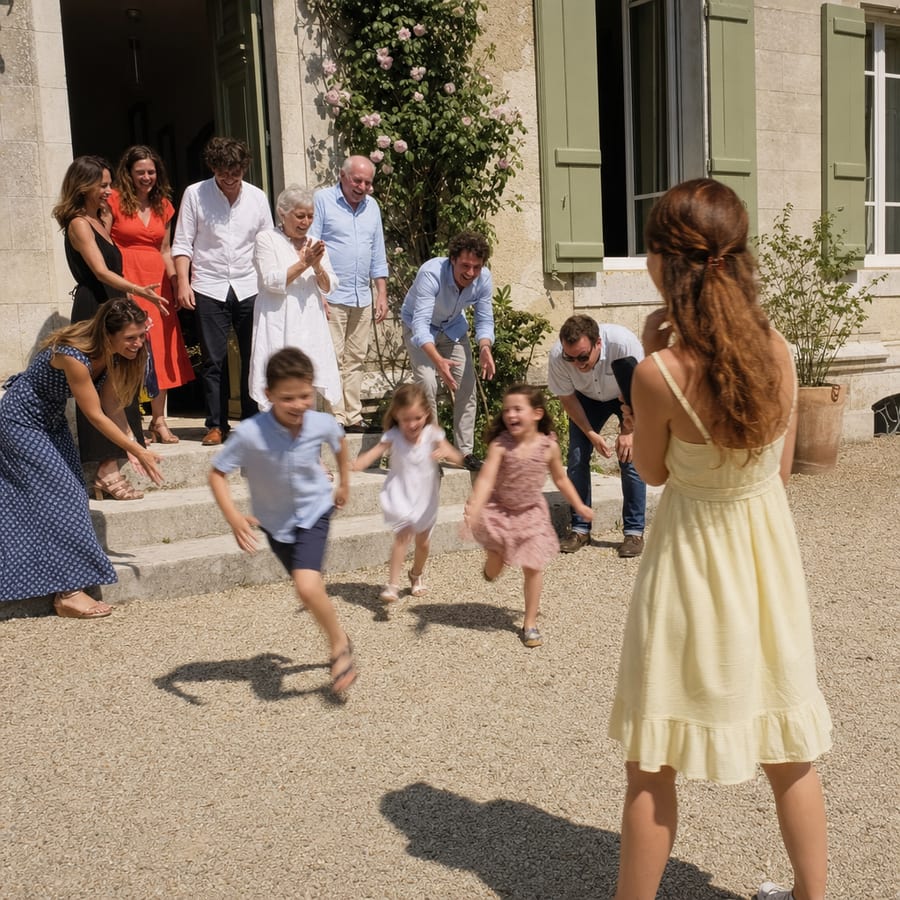 Les enfants s’échappent des marches en courant, les adultes rient