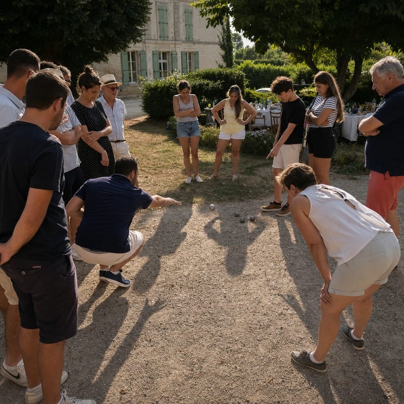 La partie de pétanque au fond du jardin, tout le monde penché sur les boules
