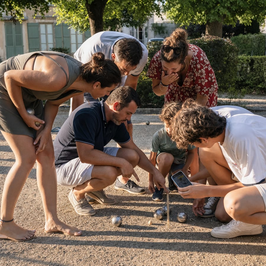 On mesure les boules au mètre pliant, têtes penchées en cercle
