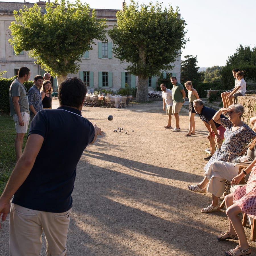 Un joueur lance sa boule, le jardin entier suit la trajectoire