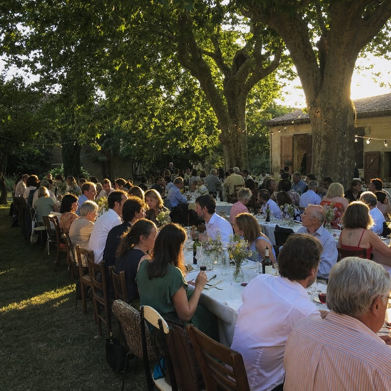 Les longues tablées du banquet sous les platanes, dans une lumière dorée