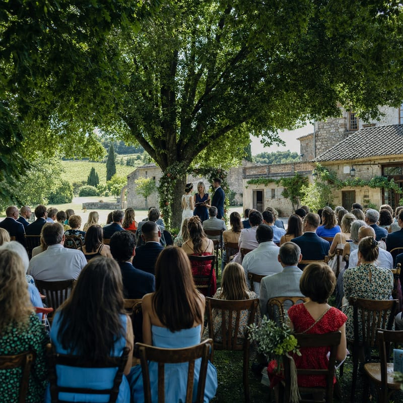 La cérémonie dans le jardin, rangées d’invités vus de dos sous un grand tilleul