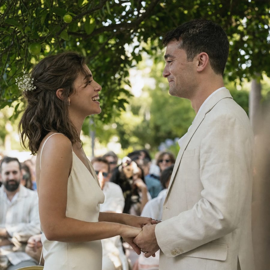 Les vœux : les mariés face à face, la mariée rit