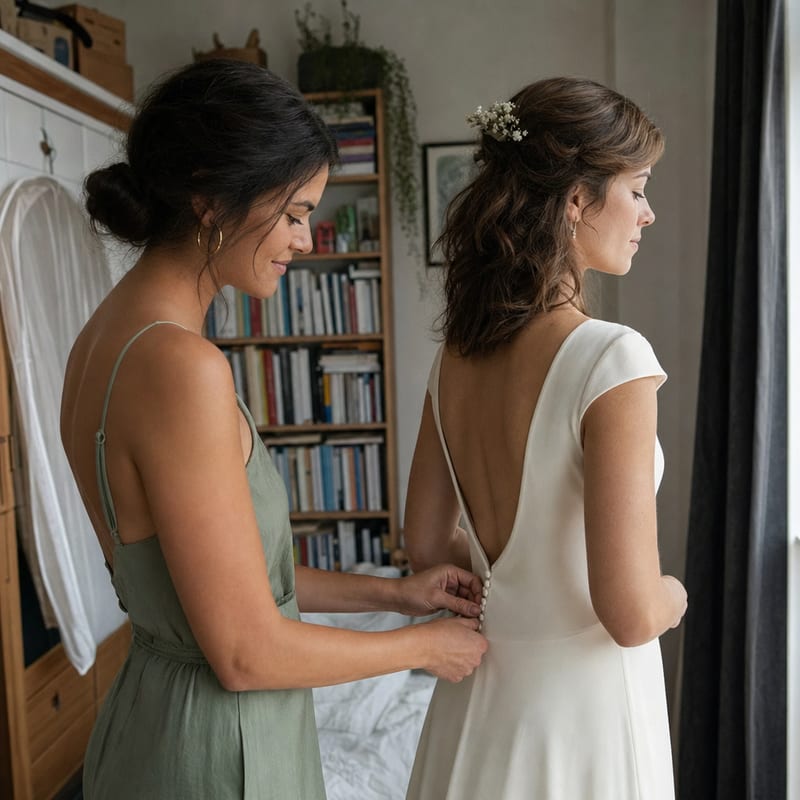 Une amie boutonne la robe de la mariée dans la lumière d’une fenêtre
