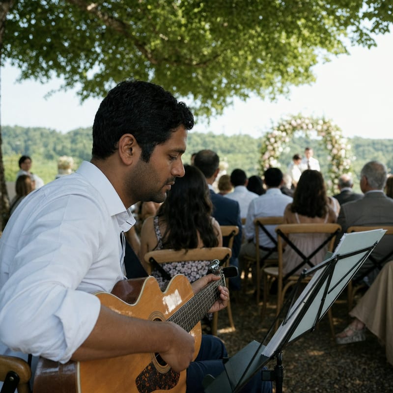 Un musicien joue de la guitare pendant la cérémonie, invités flous derrière