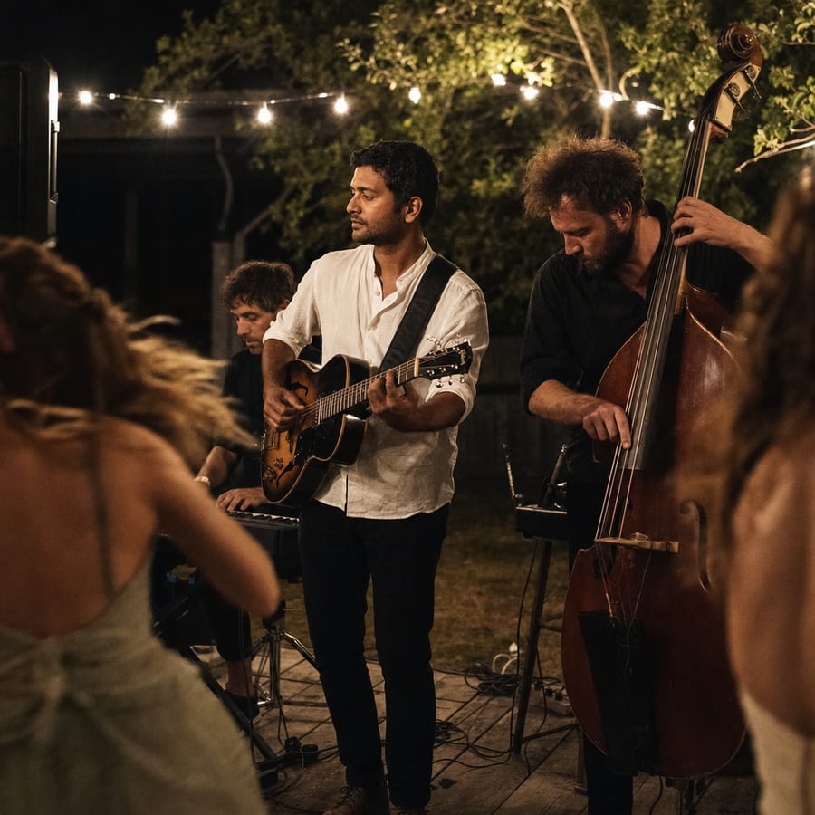 Le trio de musiciens sur la petite scène, la nuit, sous les guirlandes