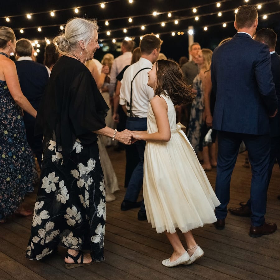 Une grand-mère danse avec une petite fille debout sur ses chaussures