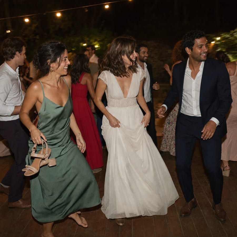 Les amis envahissent la piste de danse, une invitée pieds nus