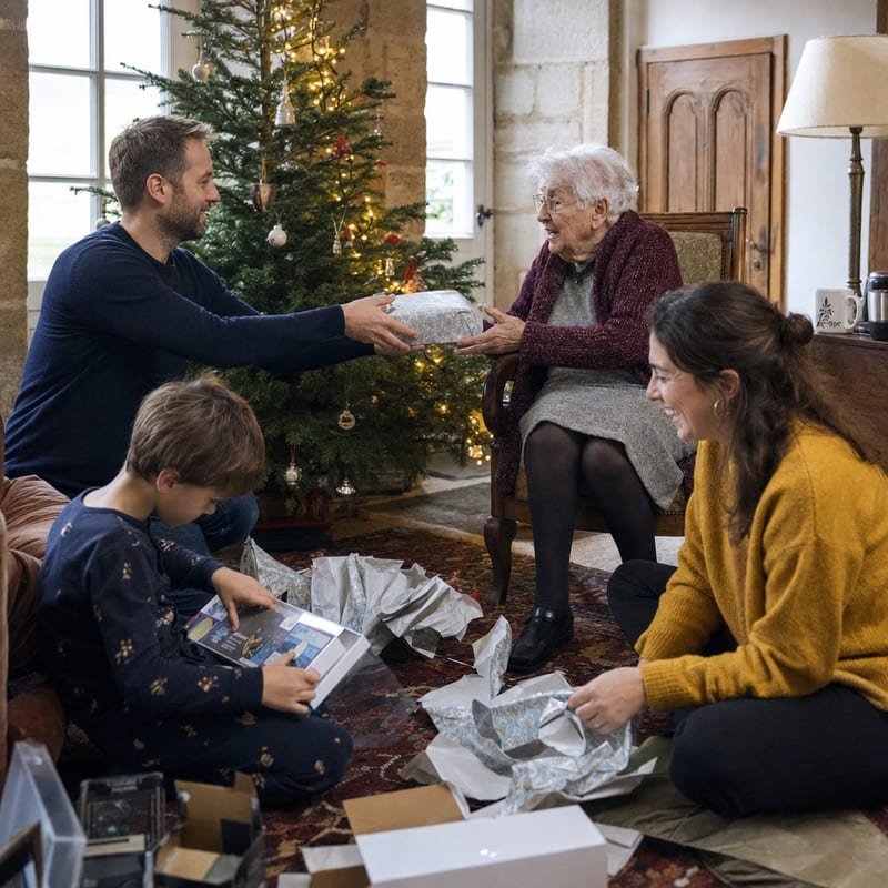 Le salon du 25 au matin, papiers déchirés et cadeaux qui passent de main en main