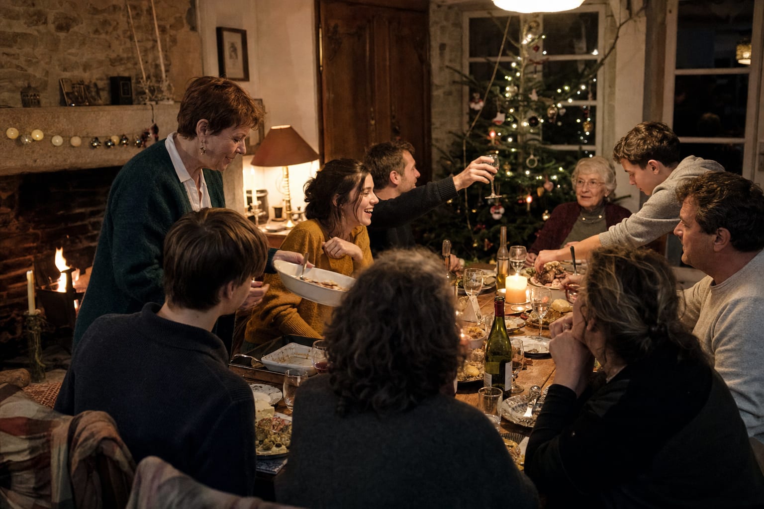Le réveillon dans une maison en Normandie : la longue table, les plats qui passent, le sapin allumé près de la fenêtre