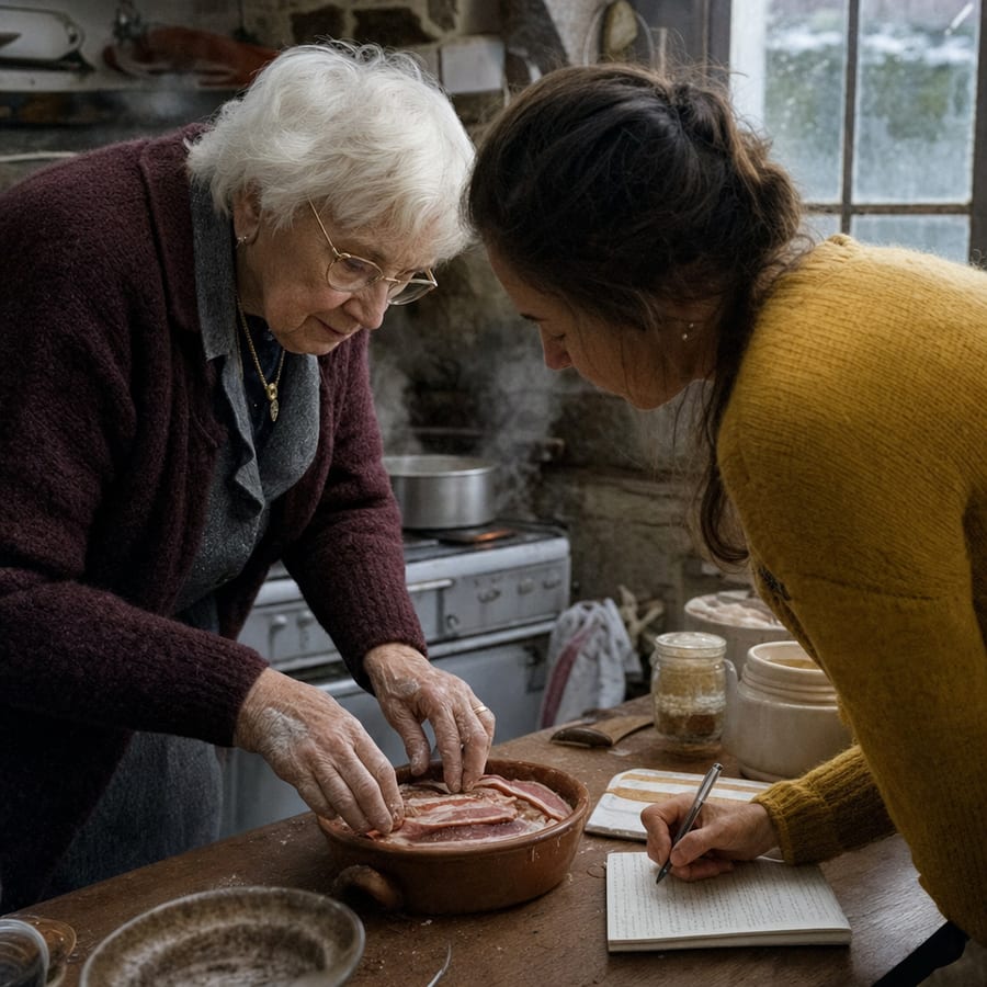 Les mains de Suzanne guident la recette, Louise note dans un petit carnet