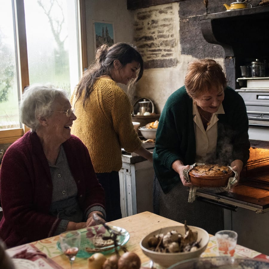 Agnès sort le plat du four dans la buée, rires autour de la table de cuisine