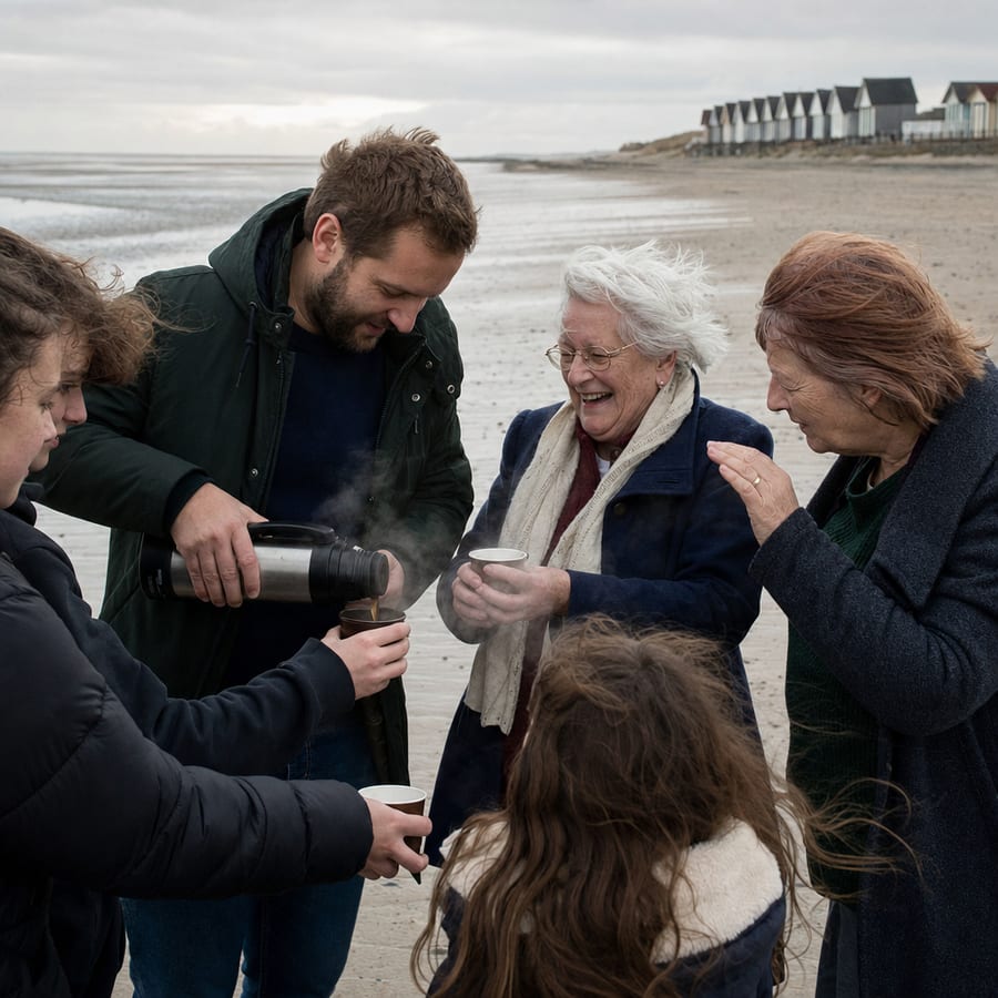Le café du thermos partagé face à la mer, serrés contre le vent